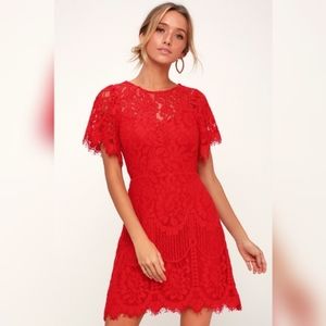 Lulu's Pearson lace short sleeve dress red small